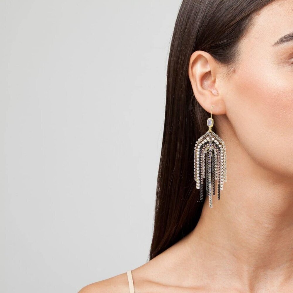 Boho Fringe Tassel Earrings for Women, Beaded CZ Pearl Dangle Wedding Jewelry - Picture 4 of 6